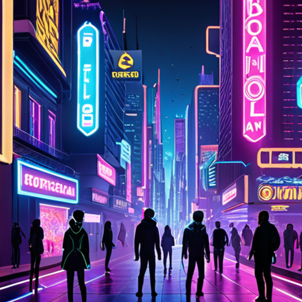 **

Prompt: A vibrant, futuristic metaverse cityscape. Emotionally intelligent avatars interact with each other, displaying subtle mood changes through facial expressions and body language. Neon signs advertise personalized entertainment options. Blockchain-powered tokens float in the air, symbolizing the digital economy. AR overlays show real-time information about nearby virtual storefronts. Style: Cyberpunk, high-resolution, digital art.

**