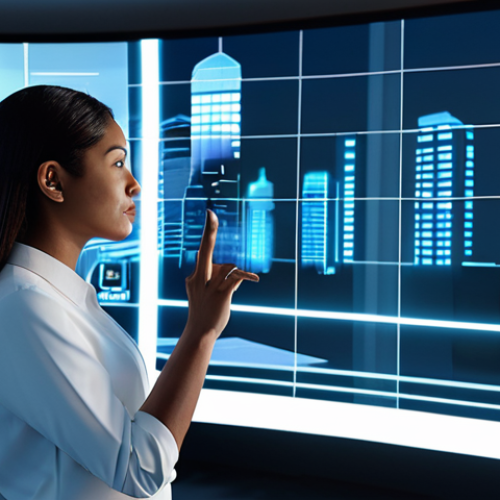 A professional metaverse architect, a woman in a modest business casual outfit, stands in a sleek, futuristic digital design studio. She is focused, gesturing towards a large, glowing holographic projection of a detailed virtual city landscape. The studio features clean lines and subtle ambient lighting, suggesting innovation and high technology. fully clothed, appropriate attire, safe for work, perfect anatomy, natural pose, well-formed hands, correct proportions, professional photography, high quality, family-friendly.