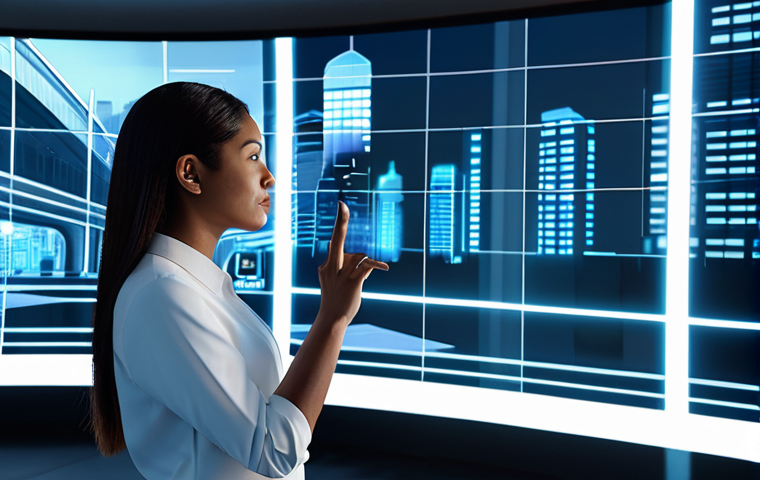 A professional metaverse architect, a woman in a modest business casual outfit, stands in a sleek, futuristic digital design studio. She is focused, gesturing towards a large, glowing holographic projection of a detailed virtual city landscape. The studio features clean lines and subtle ambient lighting, suggesting innovation and high technology. fully clothed, appropriate attire, safe for work, perfect anatomy, natural pose, well-formed hands, correct proportions, professional photography, high quality, family-friendly.