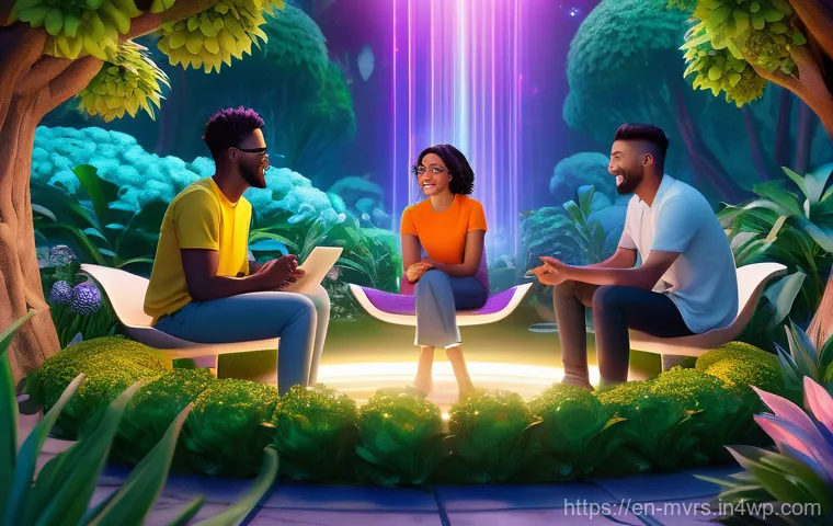 메타버스에서의 고객 경험 설계 - A vibrant, diverse group of stylized, friendly avatars, dressed in modern casual wear, gathered in a...