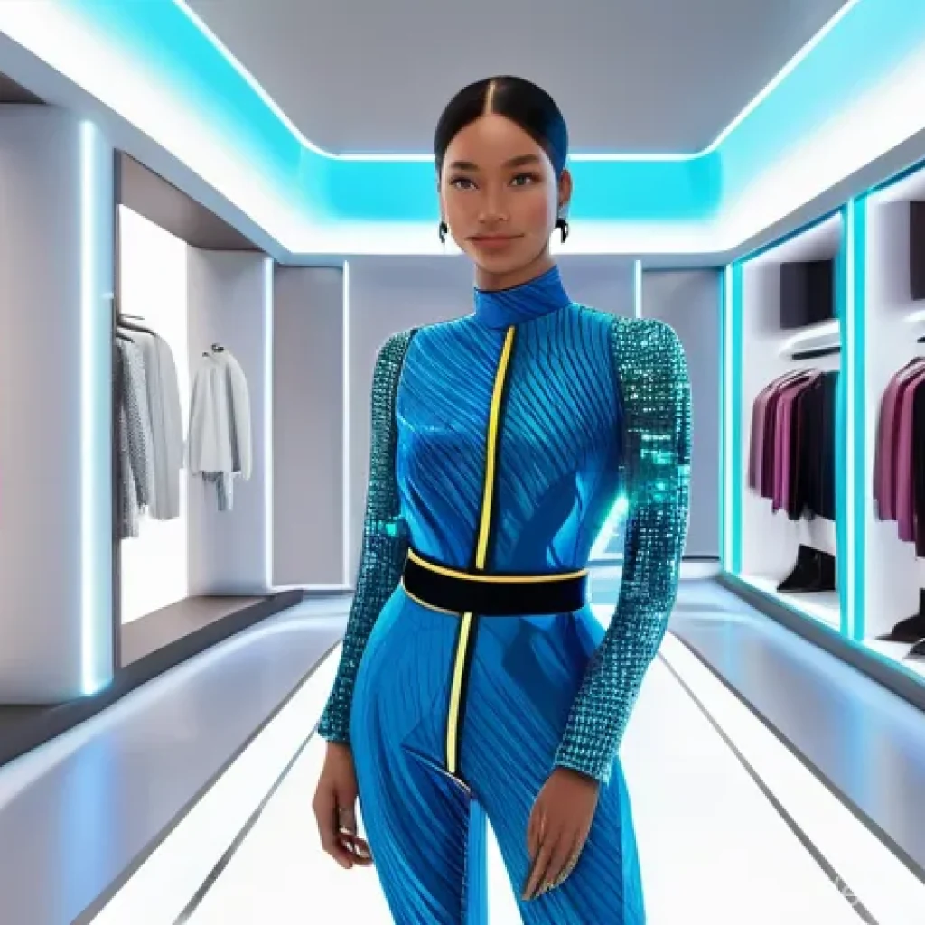 메타버스 쇼핑몰 운영 전략 - **A highly detailed, futuristic scene within a vibrant metaverse shopping district.** An elegantly d...