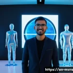 Home 12 가상 세계에서의 고객 서비스 혁신 - **Prompt:** A futuristic and brightly lit virtual showroom with sleek, transparent displays showcasi...