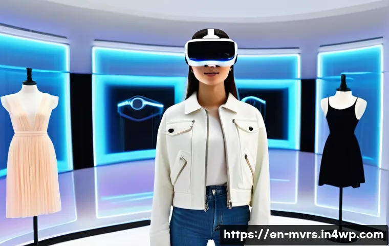 가상 현실에서의 기업과 고객 상호작용 - **Prompt 1: Immersive Virtual Fashion Experience**
"A young woman, in her early twenties, with a...
