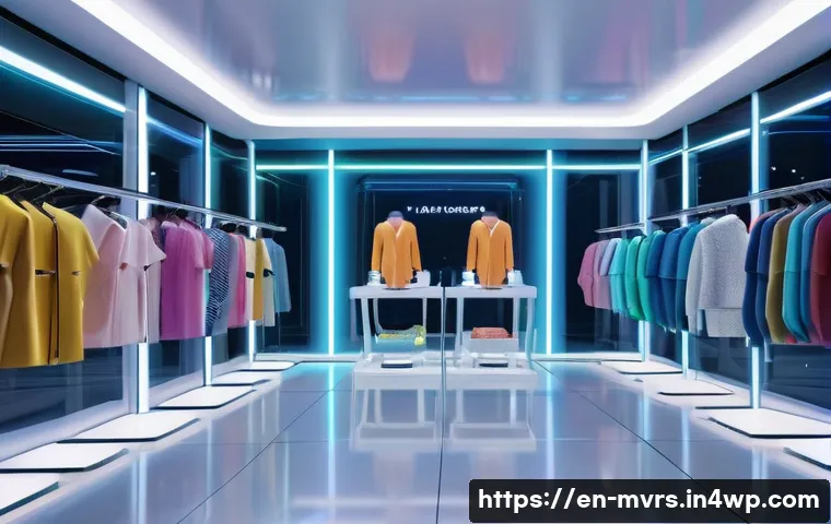 메타버스 내 패션 비즈니스 모델 연구 - A futuristic virtual fashion boutique interior in the metaverse, featuring sleek, minimalist design ...