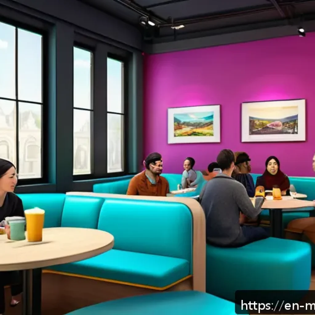 메타버스 내 커뮤니티 구축 전략 - A vibrant virtual café scene inside the metaverse, filled with diverse avatars casually interacting ...