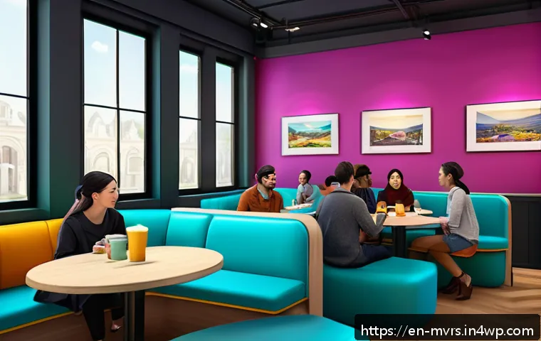 메타버스 내 커뮤니티 구축 전략 - A vibrant virtual caf&eacute; scene inside the metaverse, filled with diverse avatars casually interacting ...