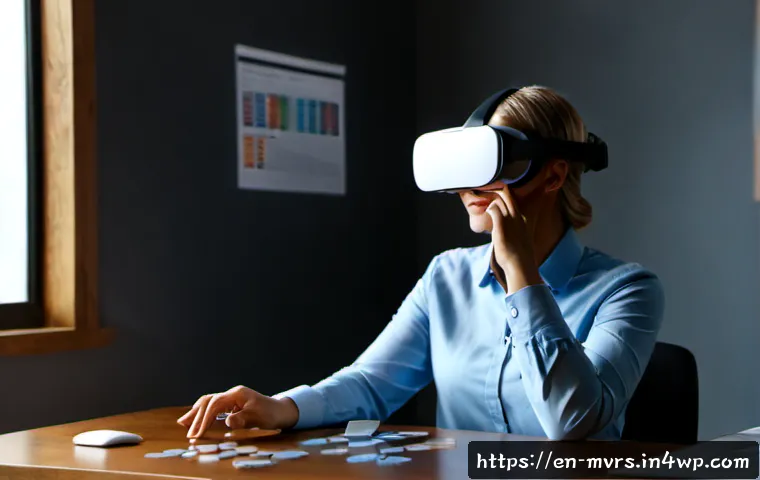 Home 17 메타버스에서의 프로젝트 관리 도구 - Photorealistic modern project manager wearing a sleek virtual reality headset, seated at a clean hom...