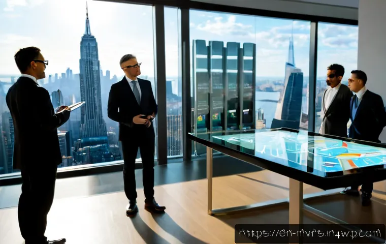 메타버스 비즈니스 모델의 경제적 가치 - Photorealistic modern business meeting in a bright New York office, diverse executives wearing sleek...